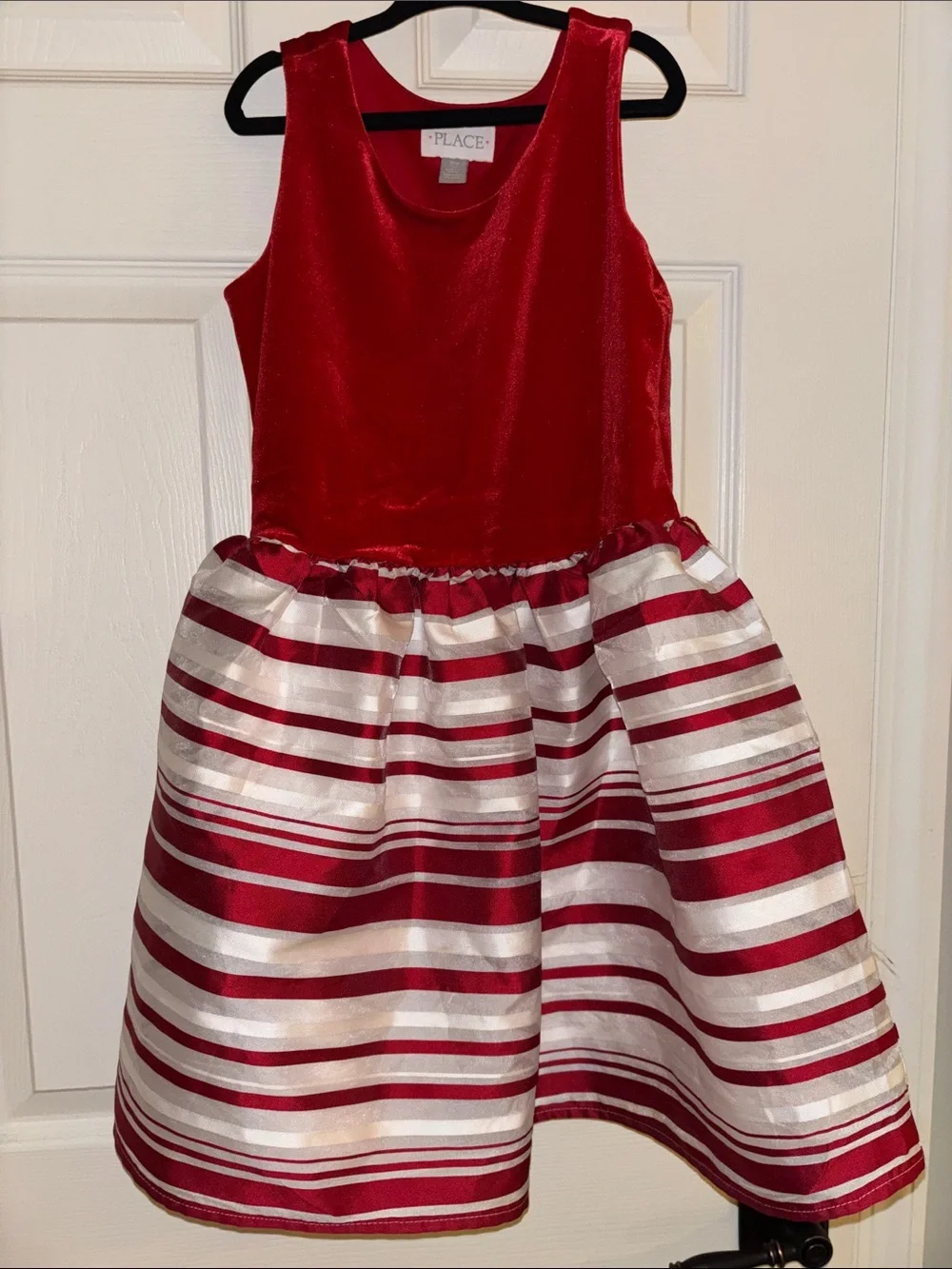 The Children's Place Red Velvet Bodice with Red & Ivory Striped Skirt Dress
